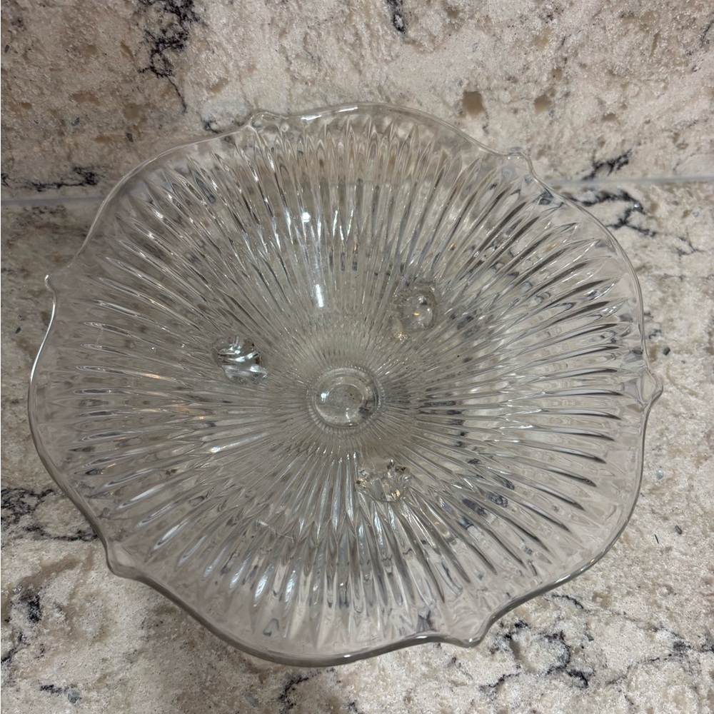 Vintage Clear Ribbed Pressed Glass Footed Bowl with Scalloped Edge